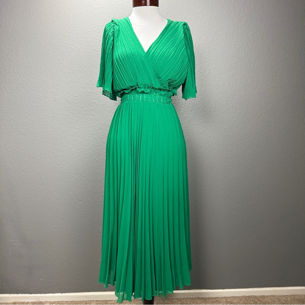Zara Green V-neck Pleated Pull over Midi Dress Sz XS Flowing Party - Picture 2 of 8